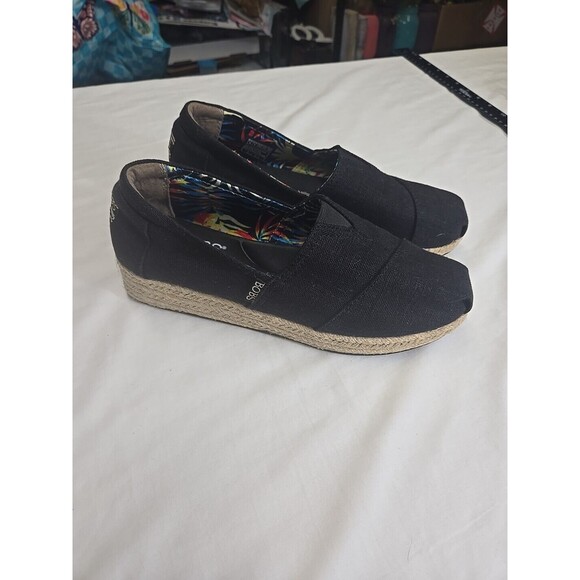 Bobs Skechers Shoes‎ 9 Espadrilles Slip On Comfort Black Tan Fabric Wedge Arch - Picture 2 of 10